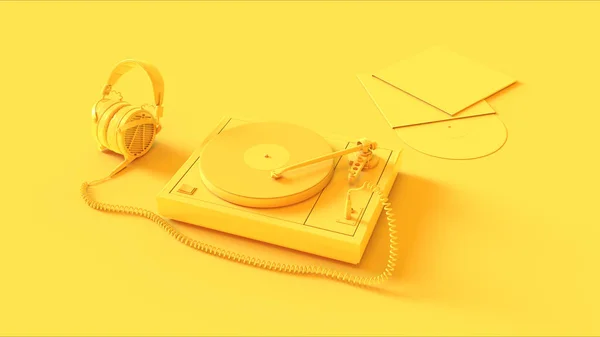 黄色のヴィンテージターンテーブルレコードプレーヤーとともにヘッドフォン3Dイラスト3Dレンダリング — ストック写真