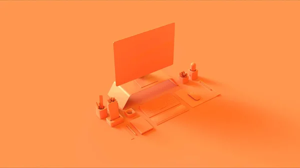 Orange Contemporary Hot Desk Office Налаштування Ноутбуком Мобільний Телефон Блокнот — стокове фото