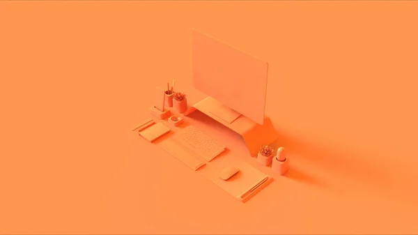 Orange Contemporary Hot Desk Office Налаштування Ноутбуком Мобільний Телефон Блокнот — стокове фото