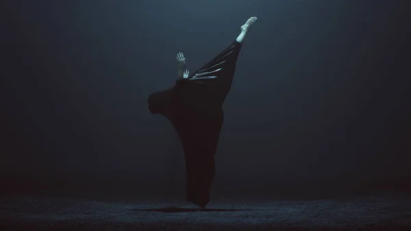 Ballerino Nero Dancer Demon Stretching Forward Leg Raised Wrapped Black — Foto Stock