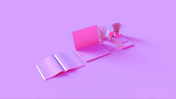 粉红色当代热桌面办公室设置与笔记本电脑手机记事本笔杂志计算器公牛剪辑3D插图3D渲染 — 图库照片
