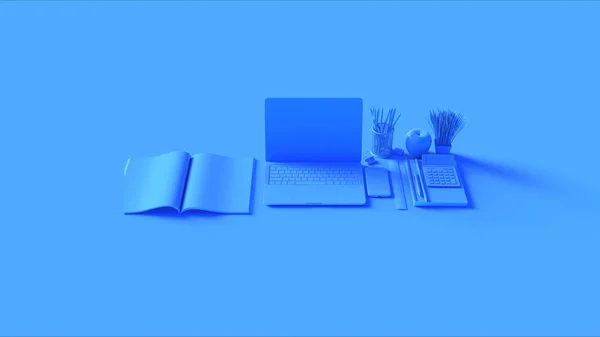 Configuración Oficina Escritorio Caliente Contemporáneo Azul Con Bloc Notas Teléfono —  Fotos de Stock