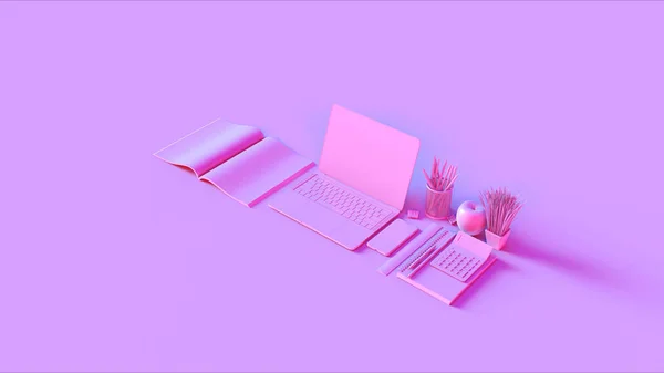 Configuração Escritório Mesa Quente Contemporânea Rosa Com Notepads Telefone Móvel — Fotografia de Stock