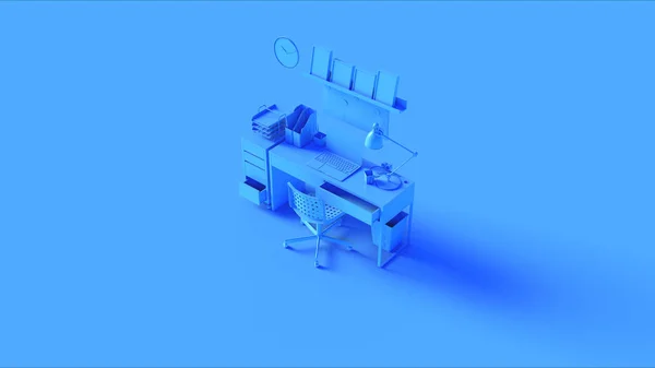 Blau Kleine Zeitgenössische Home Office Einrichtung Mit Bücherregal Wanduhr Taschenrechner — Stockfoto