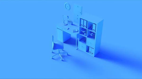 Azul Pequeño Contemporáneo Inicio Oficina Configuración Con Estantería Pared Reloj —  Fotos de Stock