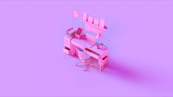 粉红色当代家庭办公室设置与书架现代计算机挂卡文件支架椅子和笔记本3D插图3D渲染 — 图库照片