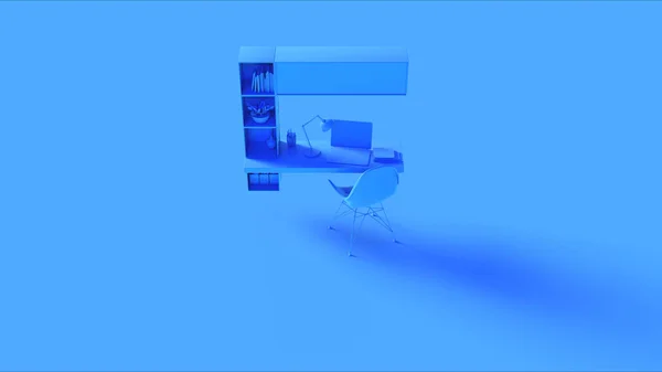 本棚壁時計電卓デスクランプファイル3Dイラスト3Dレンダリングとブルースモールコンテンポラリーホームオフィスのセットアップ — ストック写真