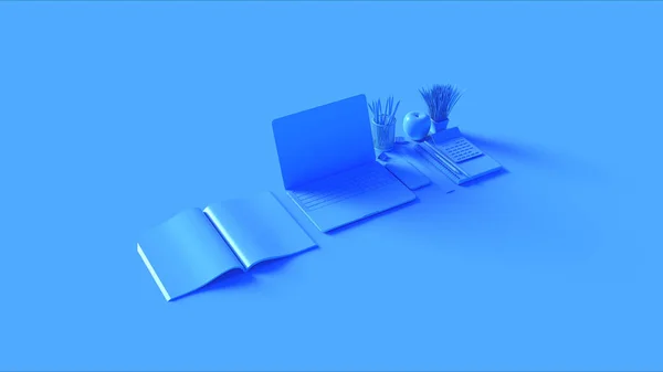 Impostazione Ufficio Hot Desk Contemporanea Blu Con Computer Portatile Cellulare — Foto Stock