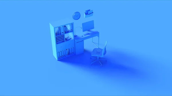 Blue Small Contemporary Home Office Setup Bookshare Wall Clock Calculator — стоковое фото