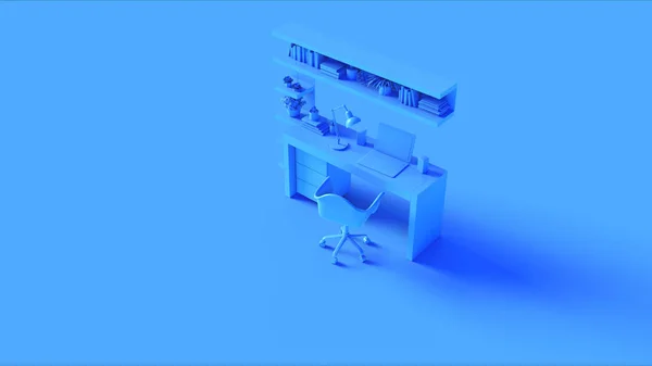 本棚壁時計電卓デスクランプファイル3Dイラスト3Dレンダリングとブルースモールコンテンポラリーホームオフィスのセットアップ — ストック写真