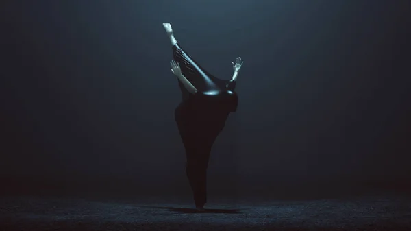 Black Ballet Dançarino Demônio Alongamento Para Frente Com Uma Perna — Fotografia de Stock