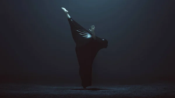 Демон Танцовщицы Черного Балета Растяжении Вперед Поднятой Ногой Завернутой Черный — стоковое фото