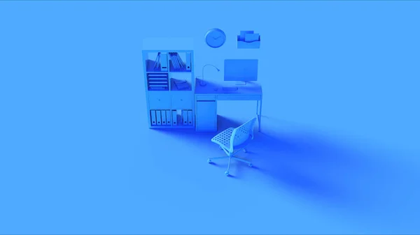 Blue Small Contemporary Home Office Setup Dengan Kalkulator Jam Dinding — Stok Foto