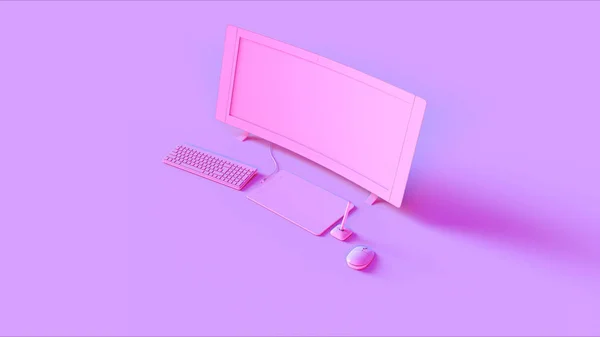 곡선와이드 스크린 모니터와 디지털 드로잉 태블릿 일러스트 렌더린을 분홍색 오피스 — 스톡 사진