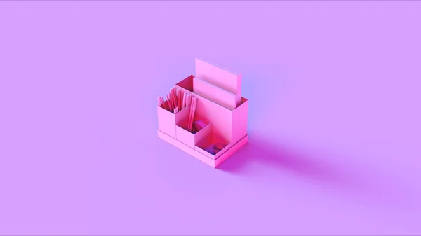 Tidy Escritorio Rosa Con Bolígrafos Cinta Bloc Notas Ilustración Renderizado — Foto de Stock