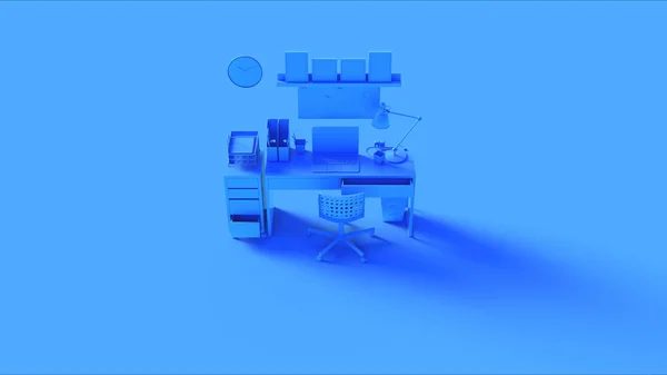 Blue Small Contemporary Home Office Setup Dengan Kalkulator Jam Dinding — Stok Foto