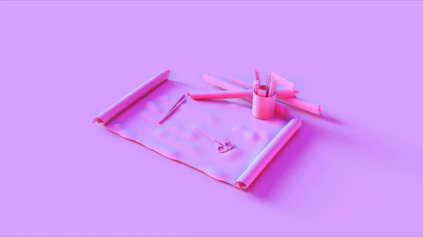 Makas Kalemli Kağıt Pembe Rulo Illüstrasyon Render — Stok fotoğraf