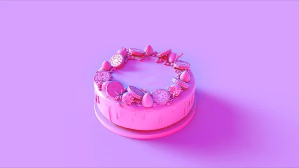 Μεγάλο Ροζ Κέικ Φράουλες Μπισκότα Απεικόνιση Απόδοση — Φωτογραφία Αρχείου
