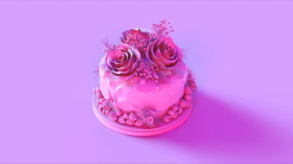 Torta Rosa Grande Con Fresas Galletas Ilustración Render —  Fotos de Stock