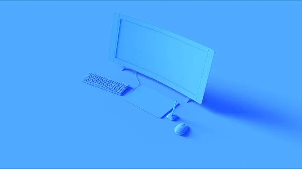 Configuração Escritório Doméstico Contemporâneo Azul Com Monitor Tela Larga Curvo — Fotografia de Stock