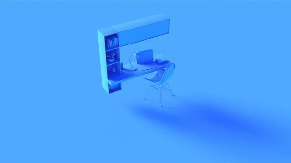 蓝色小型现代家庭办公室设置与书架挂钟计算器台灯文件3D插图3D渲染 — 图库照片