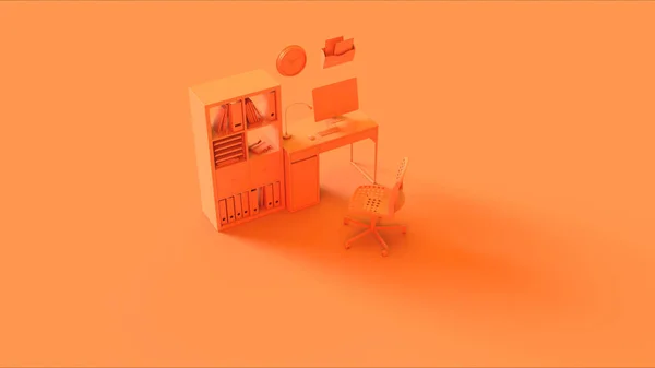 Orange Contemporary Home Office Setup with Bookshelf Modern Computer Wall Clock File Holder Chair and Notebook 3d illustration 3d rendering