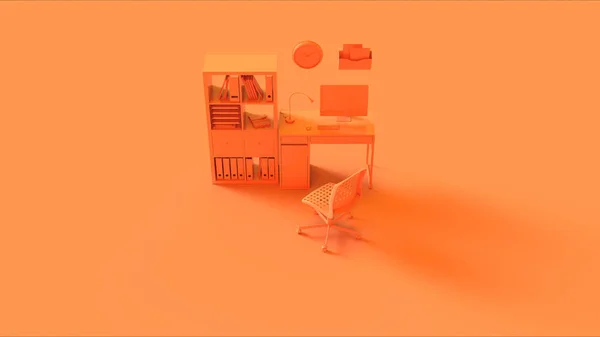 Orange Contemporary Home Office Setup Dengan Bookshelf Modern Computer Wall — Stok Foto