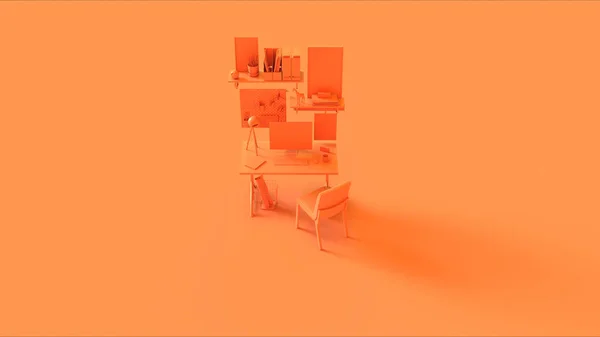 Orange Small Contemporary Home Office Setup Shelf Picture Frames Headphones — стоковое фото