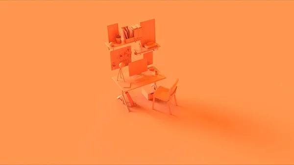 Orangefarbene Kleine Zeitgenössische Home Office Einrichtung Mit Bilderrahmen Für Kopfhörer — Stockfoto