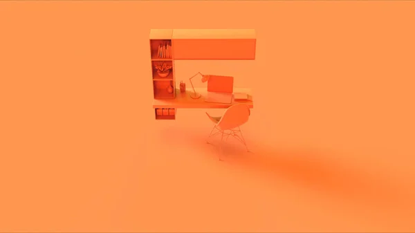 Oranje Hedendaagse Eenvoudige Home Office Setup Met Zwevende Boekenplank Bureau — Stockfoto
