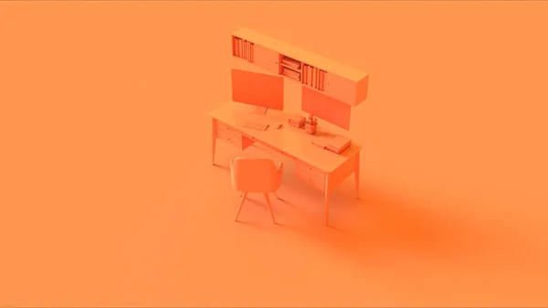 Orange Contemporary Home Office Setup with Bookshelf Poster an Cactus 3d illustration 3d rendering