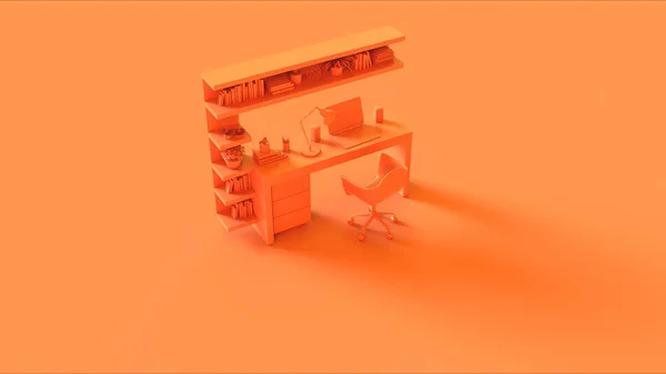 Orange Contemporary Cosy Home Office Setup with Bookshelf Plants Laptop Lamp an Speakers 3d illustration 3d rendering