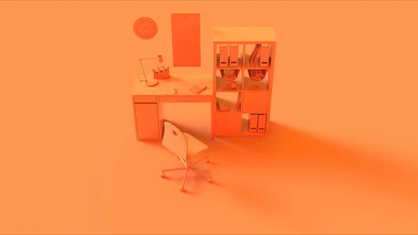 Orange Small Contemporary Home Office Setup Bookshelf Calculadora Reloj Pared —  Fotos de Stock