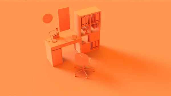 Orange Kleine Zeitgenössische Home Office Einrichtung Mit Bücherregal Wanduhr Taschenrechner — Stockfoto