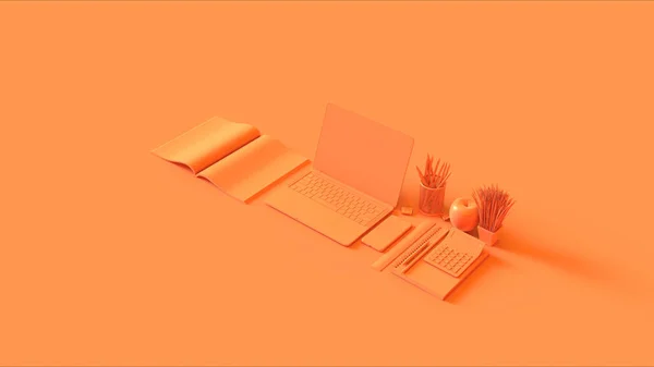 Configuración Oficina Escritorio Caliente Contemporáneo Naranja Con Bloc Notas Teléfono —  Fotos de Stock