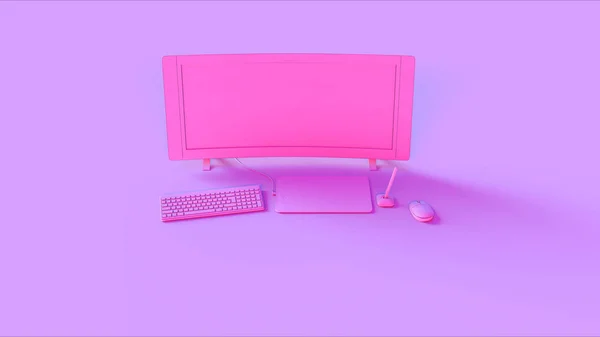 Configuração Escritório Doméstico Contemporâneo Rosa Com Monitor Tela Larga Curvo — Fotografia de Stock