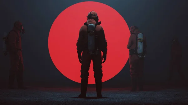 霧の空隙3Dイラスト3Dレンダリングで大きな赤いエイリアンの球を検査するハズマットスーツを着た4人の男性 — ストック写真