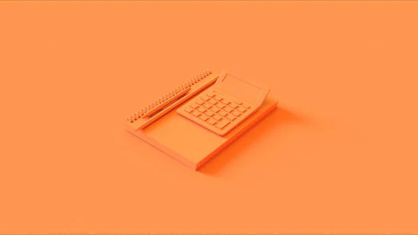 Orangefarbenes Kleines Beringtes Notizbuch Mit Bleistift Und Taschenrechner Illustration Renderer — Stockfoto