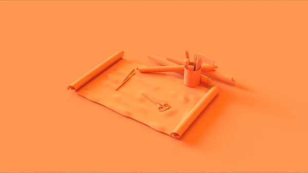 Narancssárga Tekercs Papír Ollóval Tollak Illusztráció Renderelés — Stock Fotó