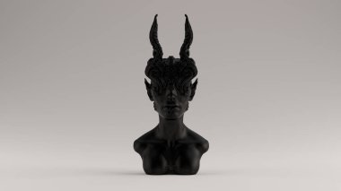 Siyah Antik Boynuzlu Şeytan Kraliçe Heykeli Büstü Ön Görünüm 3d illüstrasyon 3d render