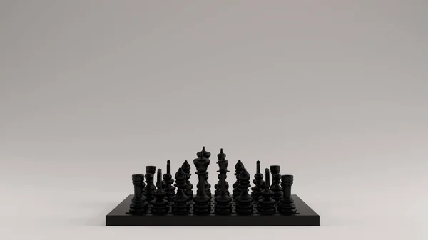 Μαύρη Σκακιέρα Και Κομμάτια Μπροστινή Όψη Απεικόνιση Απόδοση — Φωτογραφία Αρχείου