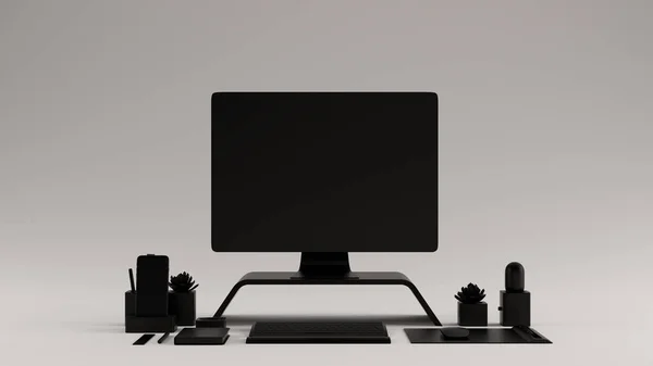 Black Contemporary Desk Setup Front View Ilustração Renderização — Fotografia de Stock