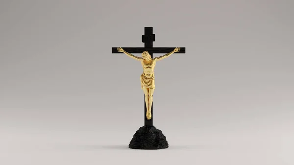ユダヤ人像3Dイラスト3Dレンダリングのナザレ王のとげイエスの王冠を持つ黒十字と金イエスキリスト — ストック写真