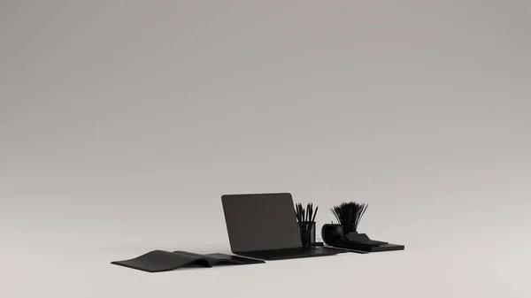 Fekete Kortárs Hot Desk Office Beállítása Laptop Mobiltelefon Notepads Tollak — Stock Fotó
