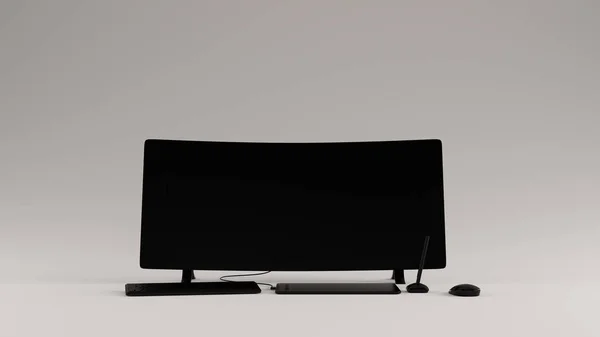 湾曲したワイドスクリーンモニターとデジタル描画タブレットペン3Dイラスト3Dレンダリングを備えたブラックコンテンポラリーホームオフィスセットアップ — ストック写真