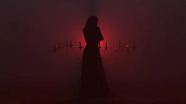 黑色诱人的吸血鬼魔鬼在一个未来主义的高级时装全身包裹长袍和向上向下浮动十字架抽象恶魔在雾虚3D插图3D渲染 — 图库照片
