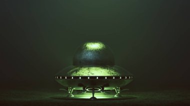 Silver UFO Landed with Green Glowing Lights in a Green Foggy Environment 3d illustration 3d render   clipart