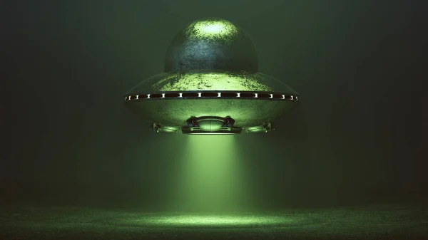 Silver Ufo Svävar Med Gröna Glödande Ljus Grön Dimmigt Miljö — Stockfoto