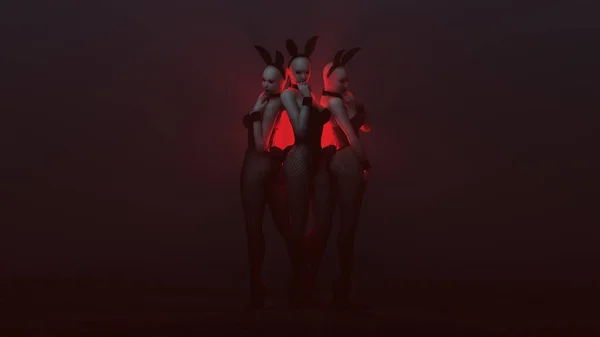 赤い霧のボイド3Dイラスト3Dレンダリングでタイツと黒の3悪魔吸血鬼バニーガールズ — ストック写真