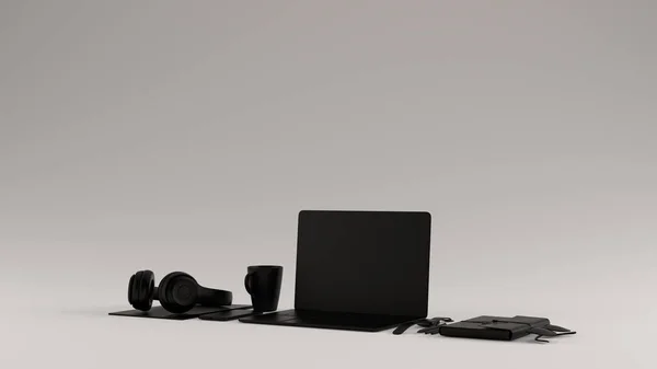 Установка Офиса Black Contemporary Hot Desk Топовыми Мобильными Наушниками Notepad — стоковое фото